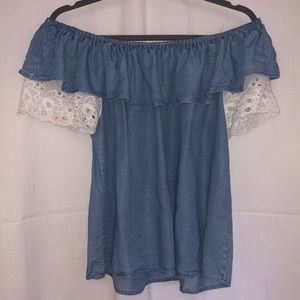 Across-the-shoulder Jean Blouse w/ Lace